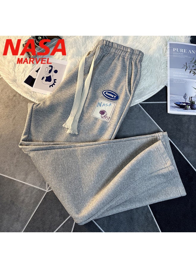 Nasa Marvel Casual Pants For Men, Spring And Autumn Trousers, Waffle Texture Straight-leg Wide-leg Loose-fitting Draping Sports Pants, Black, XL - Image 3