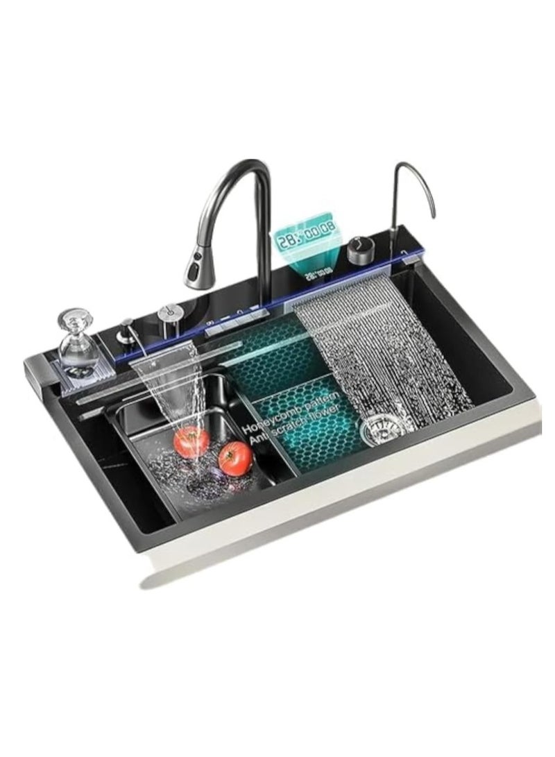 المفتاحة حوض مطبخ فاخر متعدد الوظائف - حوض ذكي مزدوج من الفولاذ المقاوم للصدأ مع شاشة رقمية، وحنفية سحب للأسفل، وشطف شلال، وتصميم مضاد للخدش للمطابخ الحديثة - Image 1