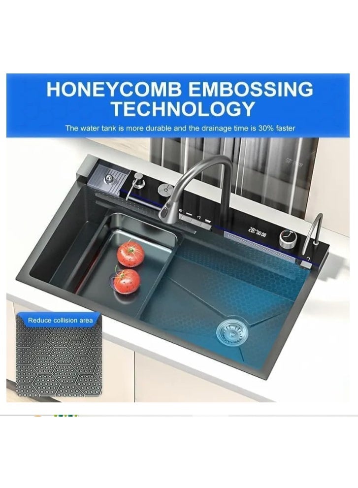 المفتاحة حوض مطبخ فاخر متعدد الوظائف - حوض ذكي مزدوج من الفولاذ المقاوم للصدأ مع شاشة رقمية، وحنفية سحب للأسفل، وشطف شلال، وتصميم مضاد للخدش للمطابخ الحديثة - Image 2