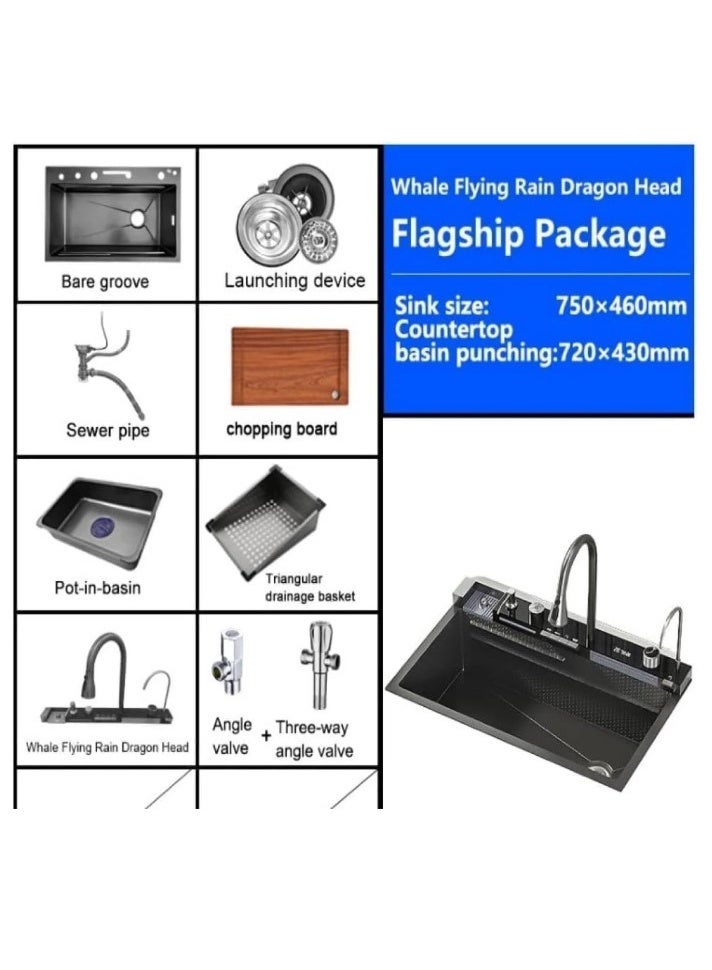 المفتاحة حوض مطبخ فاخر متعدد الوظائف - حوض ذكي مزدوج من الفولاذ المقاوم للصدأ مع شاشة رقمية، وحنفية سحب للأسفل، وشطف شلال، وتصميم مضاد للخدش للمطابخ الحديثة - Image 3