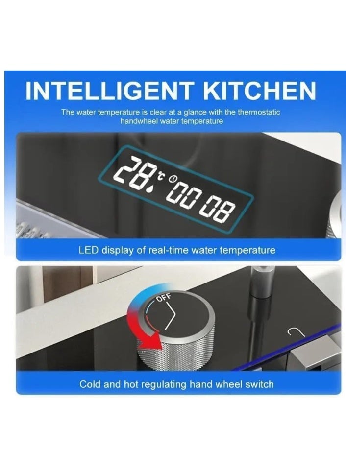 المفتاحة حوض مطبخ فاخر متعدد الوظائف - حوض ذكي مزدوج من الفولاذ المقاوم للصدأ مع شاشة رقمية، وحنفية سحب للأسفل، وشطف شلال، وتصميم مضاد للخدش للمطابخ الحديثة - Image 5