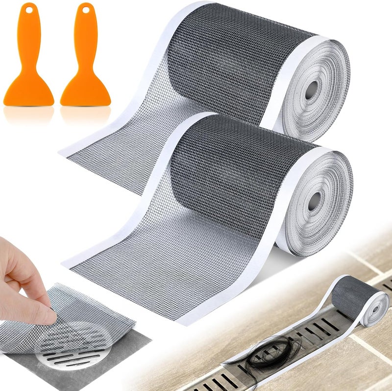 Leriton 2 Pcs 4 Inch x 33 ft Cutable Disposable Shower Drain 10 cm x 10 m Hair Catch Mesh Stickers Disposable Shower Drain Sticker DIY Drain Hair Catch with Removal Tool for Bathroom Bathtub Kitchen - Image 1
