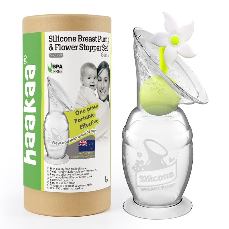 Haakaa Manual Breast Pump Silicone Breast Pump Milk Saver Milk Pump with Suction Base and Flower Stopper 100% Food Grade Silicone BPA Free (5oz/150ml) (White) - Image 1