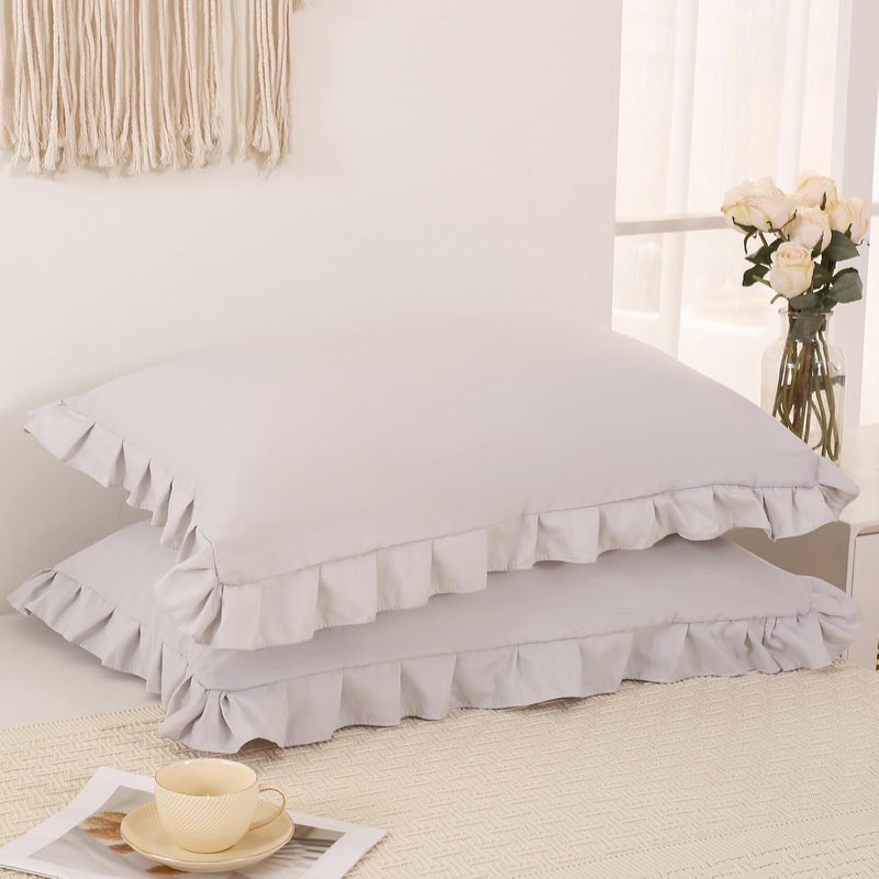 Merryword Beige Gray Pillowcases King Pillowcases Ruffled Pillow Shams Set of 2 Cute Pillowcases Solid Ruffled Fringe Design Light Gray Shabby Chic Pillowcases 2 Pack (King (20''x36''), Beige Gray) - Image 2