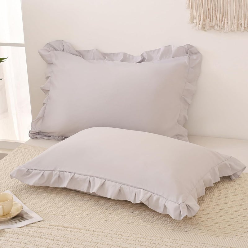Merryword Beige Gray Pillowcases King Pillowcases Ruffled Pillow Shams Set of 2 Cute Pillowcases Solid Ruffled Fringe Design Light Gray Shabby Chic Pillowcases 2 Pack (King (20''x36''), Beige Gray) - Image 1