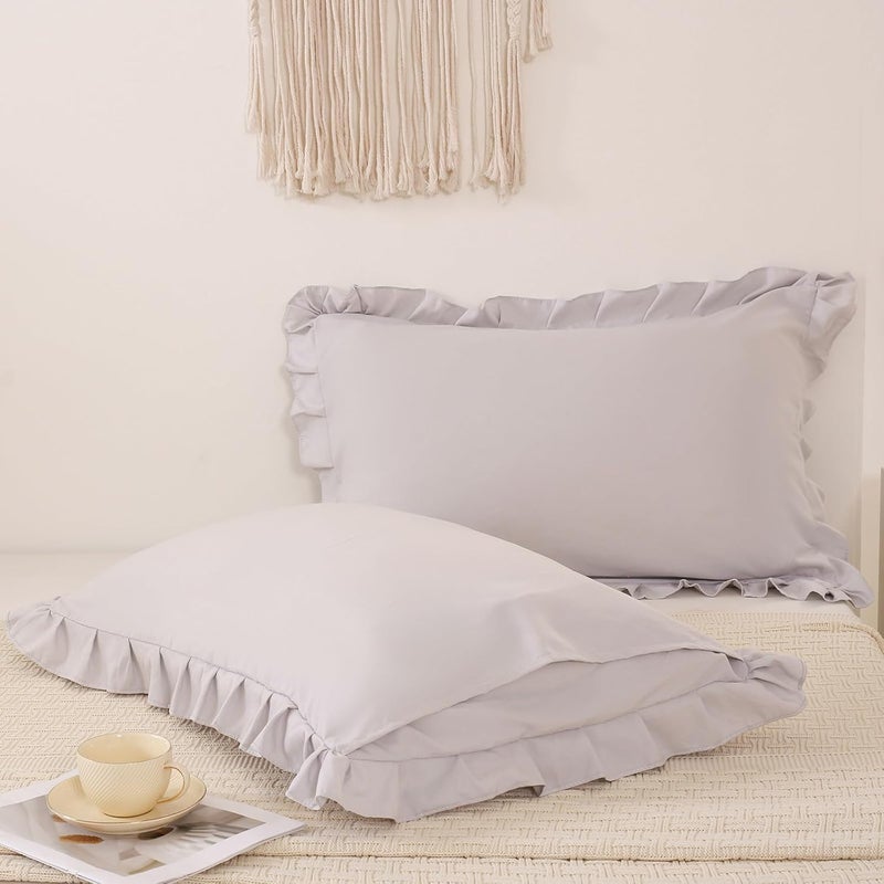 Merryword Beige Gray Pillowcases King Pillowcases Ruffled Pillow Shams Set of 2 Cute Pillowcases Solid Ruffled Fringe Design Light Gray Shabby Chic Pillowcases 2 Pack (King (20''x36''), Beige Gray) - Image 4