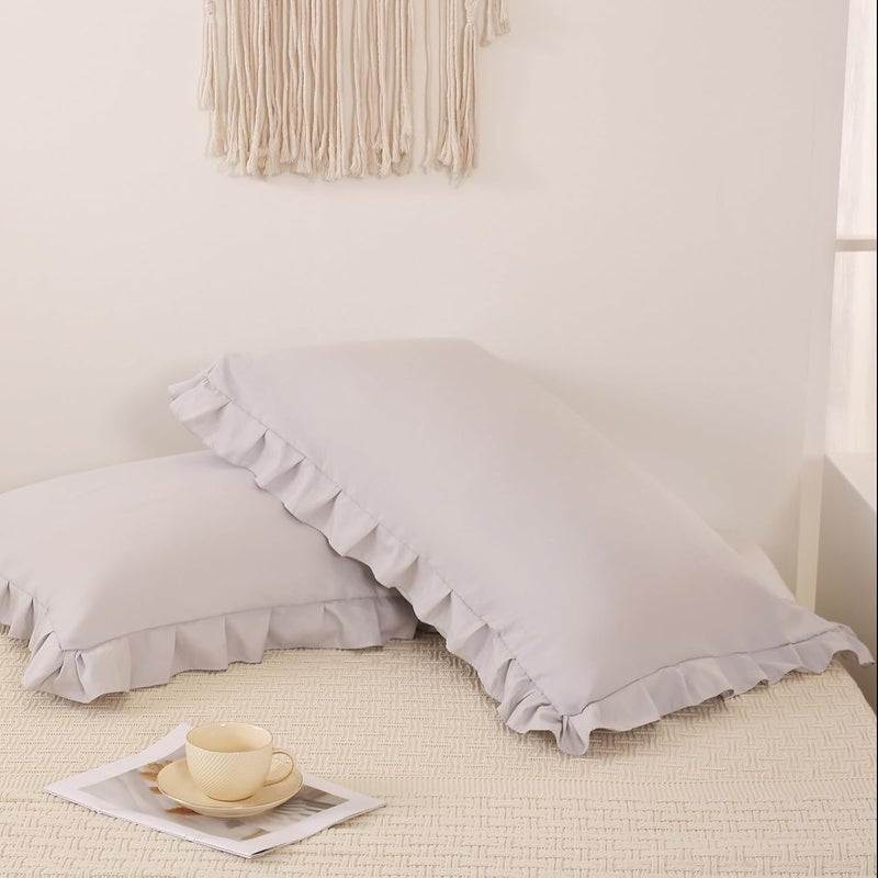 Merryword Beige Gray Pillowcases King Pillowcases Ruffled Pillow Shams Set of 2 Cute Pillowcases Solid Ruffled Fringe Design Light Gray Shabby Chic Pillowcases 2 Pack (King (20''x36''), Beige Gray) - Image 3