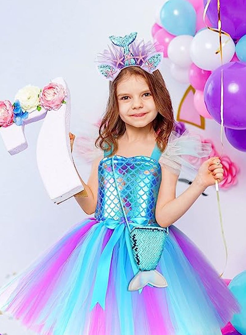 SYOSI Mermaid Tutu Dress for Girls, Kids Mermaid Costume Outfits with Headband and Bag, Princess Dress Up Sequined Mesh Skirt for Birthday Party, Prom, Gift M, Blue  - Image 4