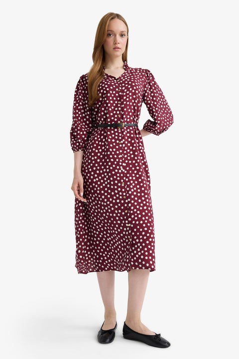 Red Woman Relax Fit V-Neck Polka Dot Half Sleeve Dress Casual