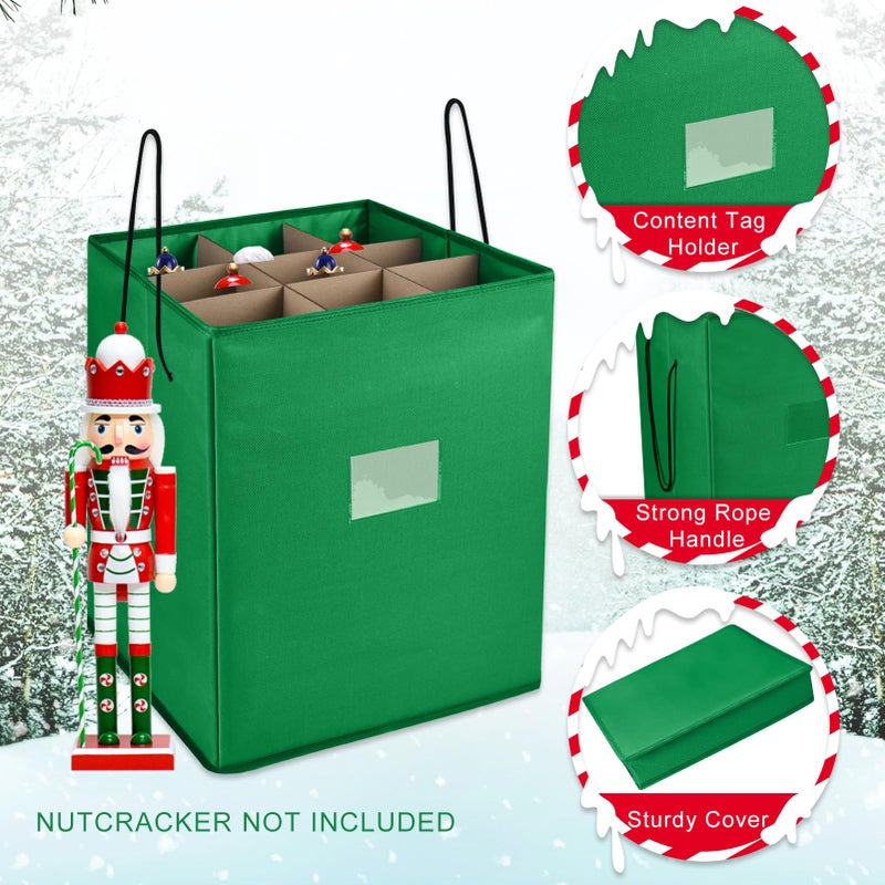 Tngan Christmas Nutcracker and Figurine Collectible Storage Box, Fits 9 Holiday Ornaments, Stores Up to 16" Tall Ornaments, Holiday Decor Organizer with Dividers, Nutcracker not Included(Green) - Image 2