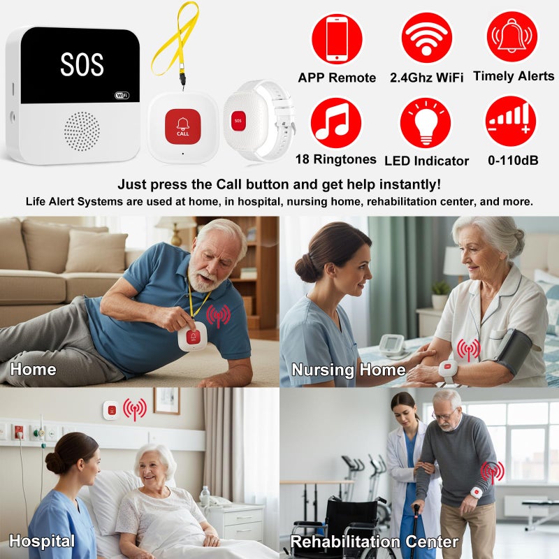 PerfeSafe Wireless Caregiver Pager Life Alert System for Seniors No Monthly Fee, Wi-Fi APP Control Medical Alert Systems for Seniors at Home, Waterproof Call Button for Elderly, Patients, Disabled - Image 3
