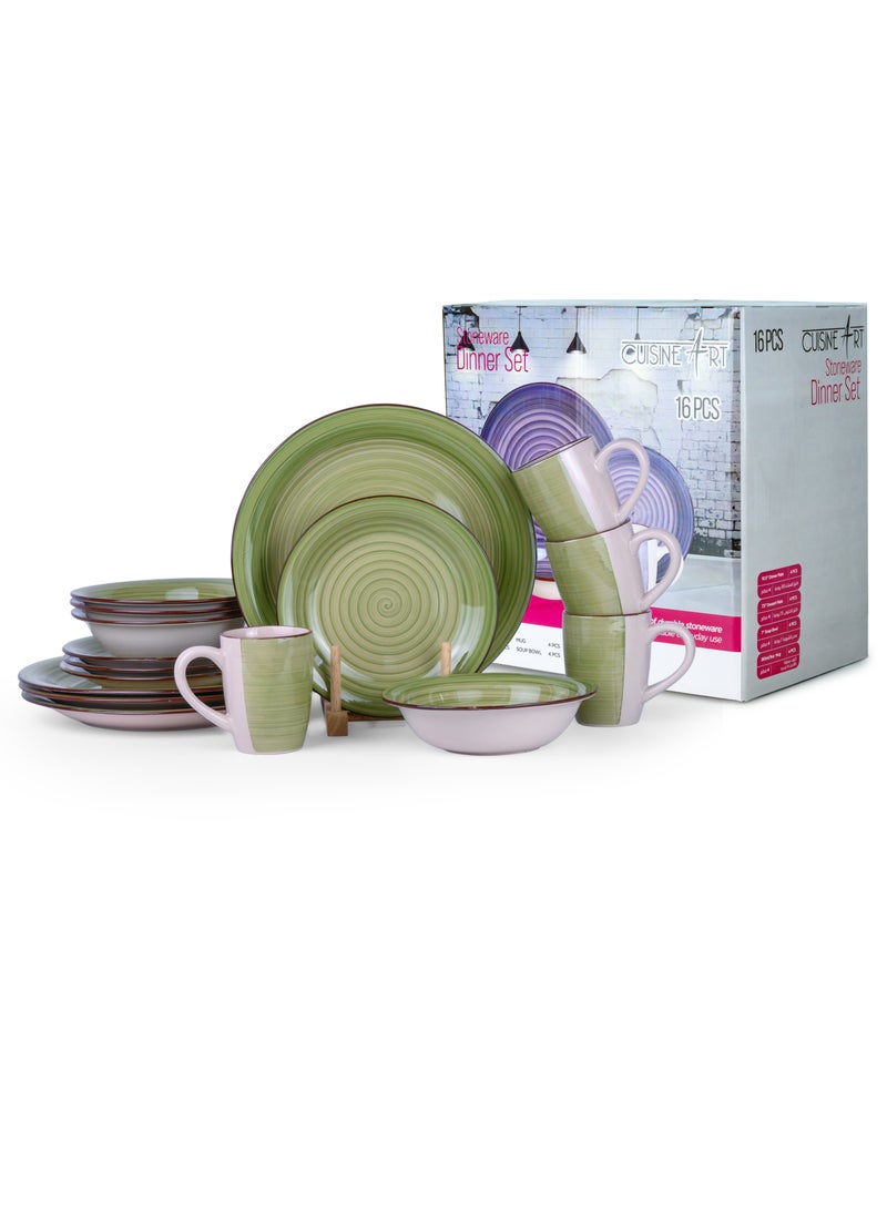 Cuisine Art - Cuisine Art Cosmic Hand-Painted Stoneware 16pcs Dinner Set – Green | 4 Dinner Plates (10.5"), 4 Dessert Plates (7.5"), 4 Soup Bowls (7"), 4 Mugs (9oz) Elegant & Durable Tableware for Home & Kitchen - Image 1