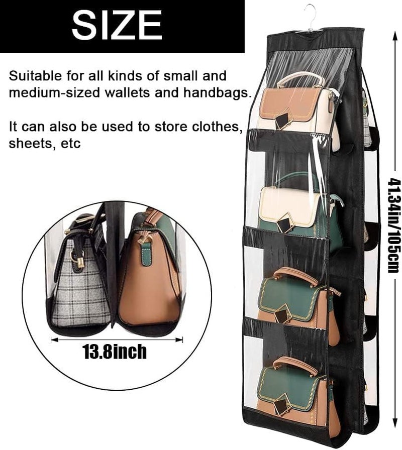 OxbOw Non Woven 8 Pocket Handbag Organizer For Ladies, Purse, Clutch, Closet Organizer For Wardrobe, Purse Organiser With Hanger, Women (8 POCKET- 110 X 35 X 35 CM- PACK OF 1, GREY) - Image 3