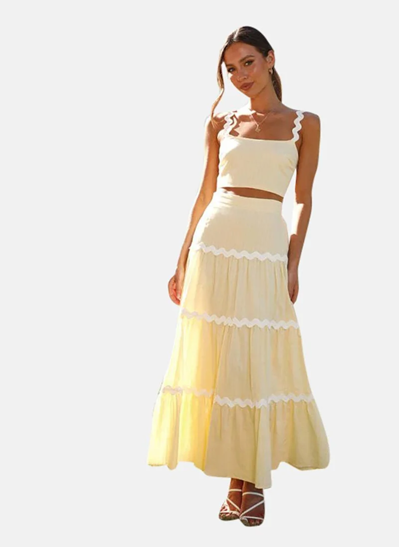 يونيكي Yellow Embroidered Sleeveless Square Neck Top With Tiered Skirt