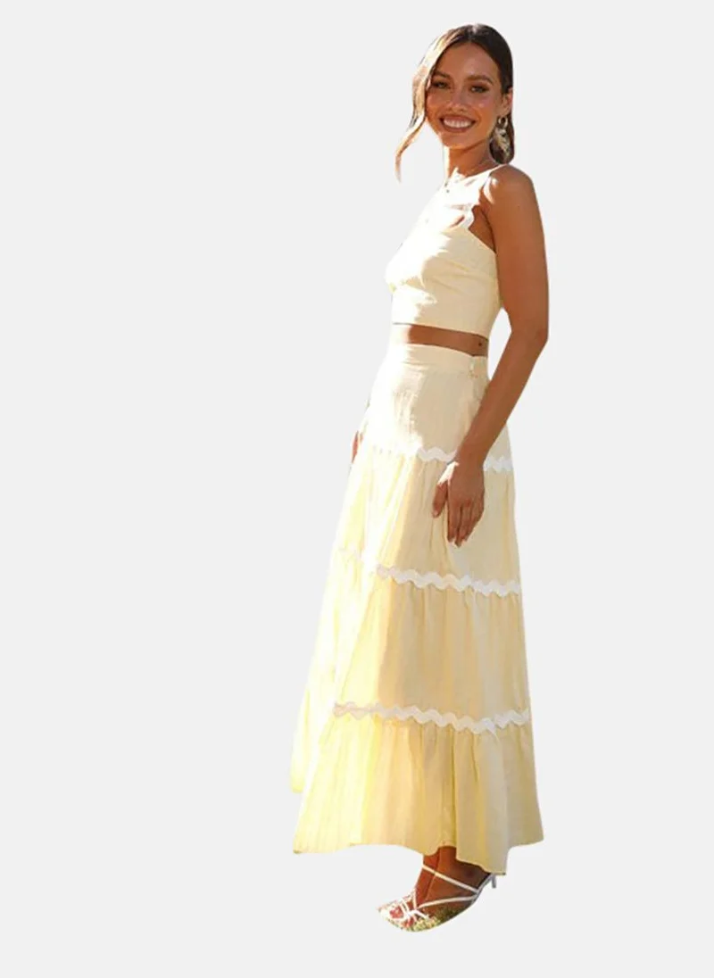 YUNIQEE Yellow Embroidered Sleeveless Square Neck Top With Tiered Skirt