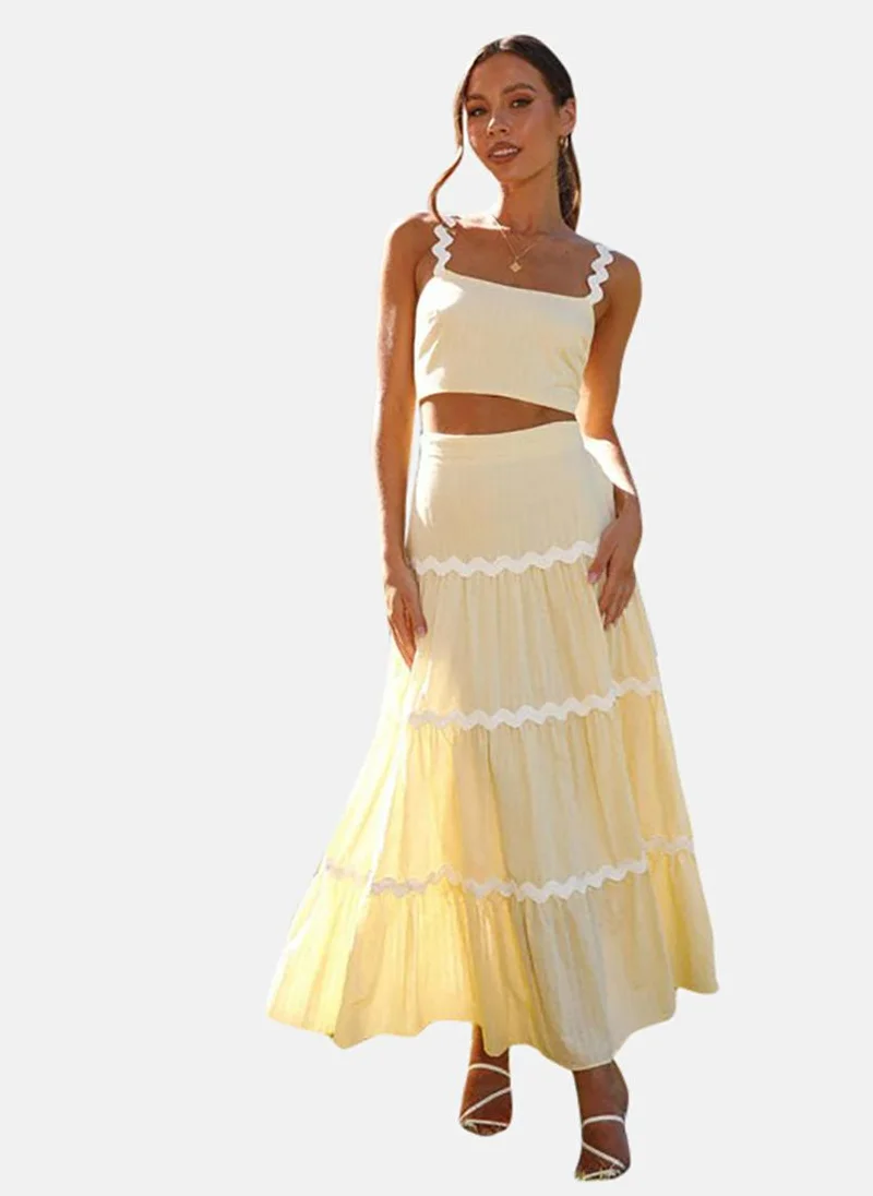YUNIQEE Yellow Embroidered Sleeveless Square Neck Top With Tiered Skirt