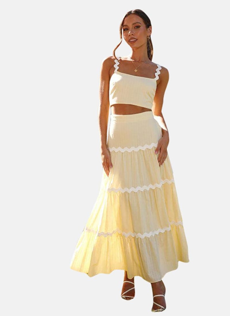 YUNIQEE Yellow Embroidered Sleeveless Square Neck Top With Tiered Skirt  - Image 4
