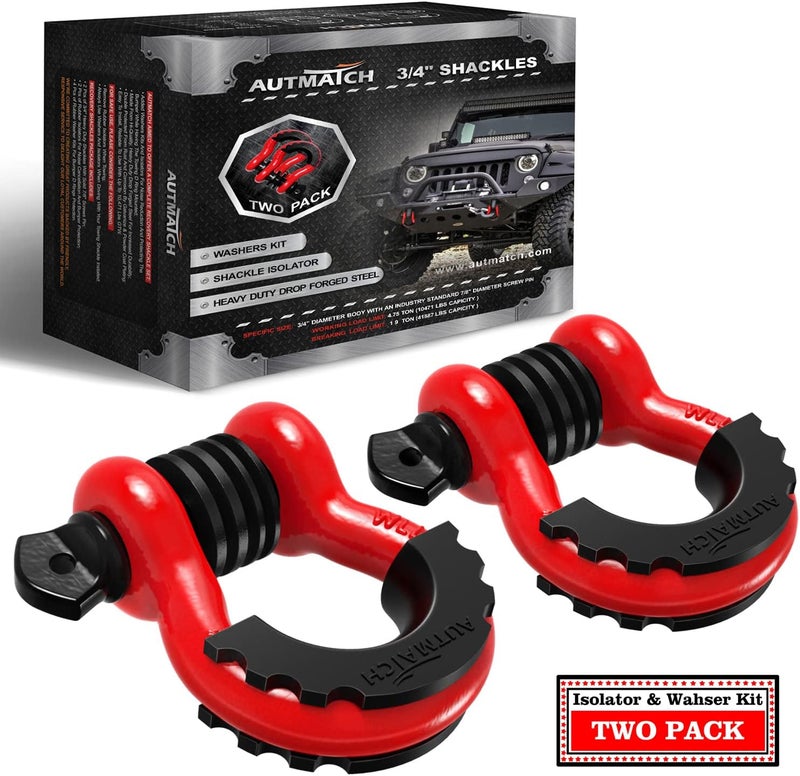 AUTMATCH Shackles 3/4" D Ring Shackle (2 Pack) 41,887Ib Break Strength with 7/8" Screw Pin and Shackle Isolator & Washers Kit for Tow Strap Winch Off Road Jeep Vehicle Recovery Red & Black - Image 1