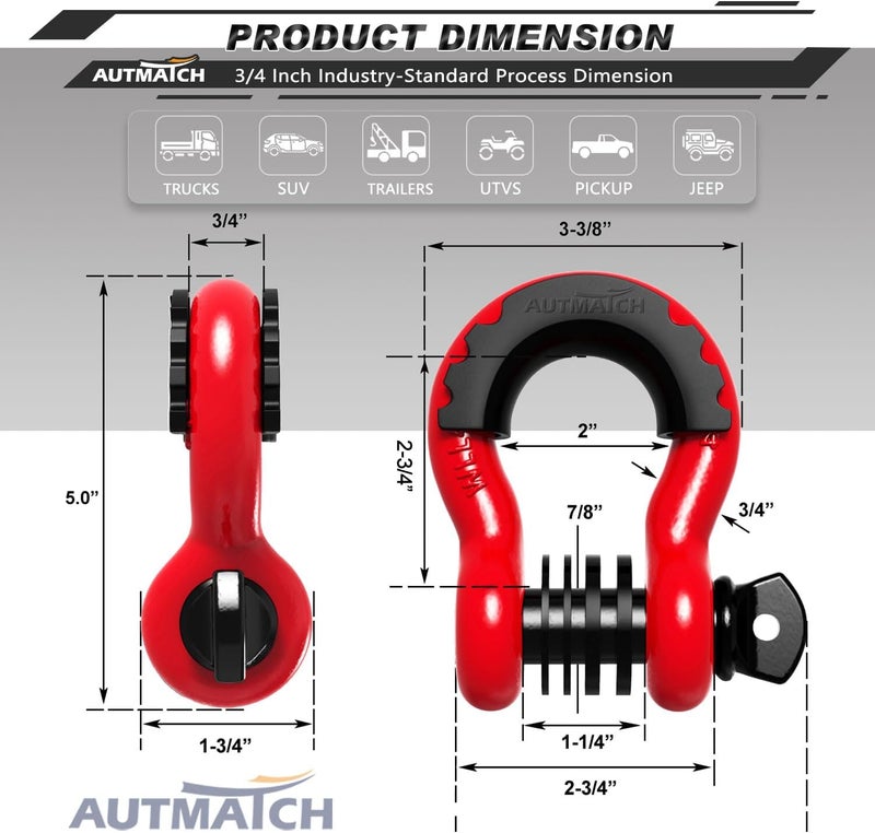 AUTMATCH Shackles 3/4" D Ring Shackle (2 Pack) 41,887Ib Break Strength with 7/8" Screw Pin and Shackle Isolator & Washers Kit for Tow Strap Winch Off Road Jeep Vehicle Recovery Red & Black - Image 3