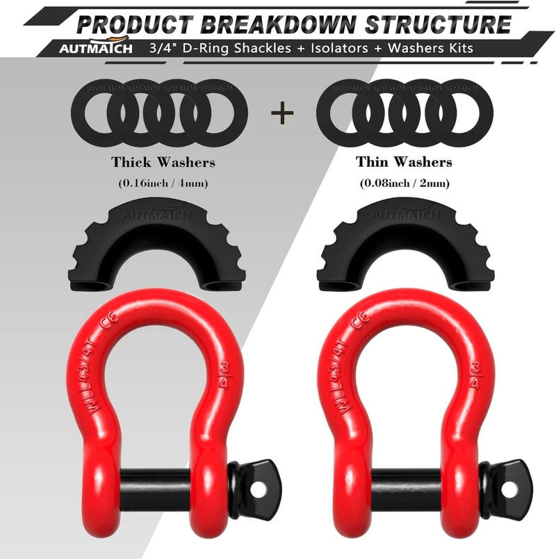 AUTMATCH Shackles 3/4" D Ring Shackle (2 Pack) 41,887Ib Break Strength with 7/8" Screw Pin and Shackle Isolator & Washers Kit for Tow Strap Winch Off Road Jeep Vehicle Recovery Red & Black - Image 2