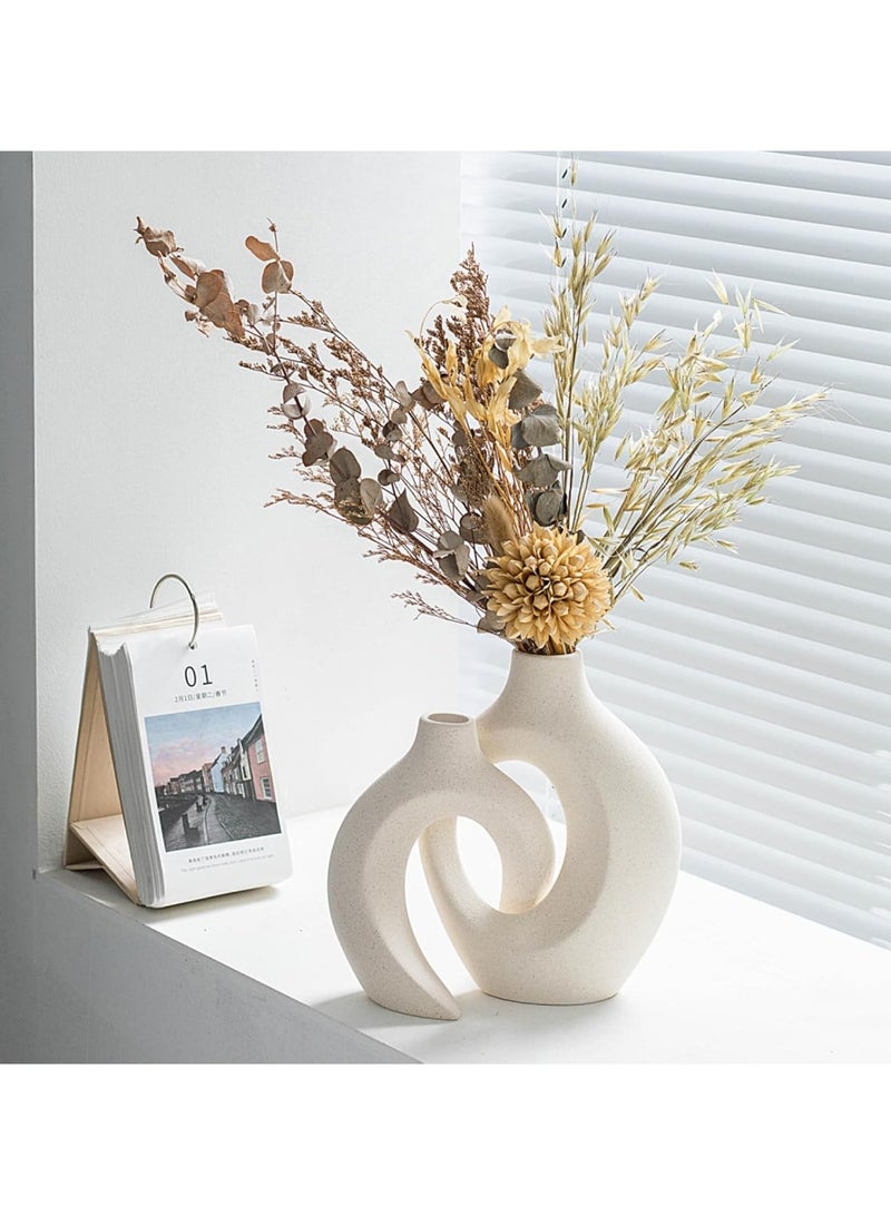 لينجوي مجموعة مزهرية سيراميك على شكل دونات من قطعتين، مزهرية دائرية بسيطة، مزهرية بوهو محايدة فريدة من نوعها - Image 2