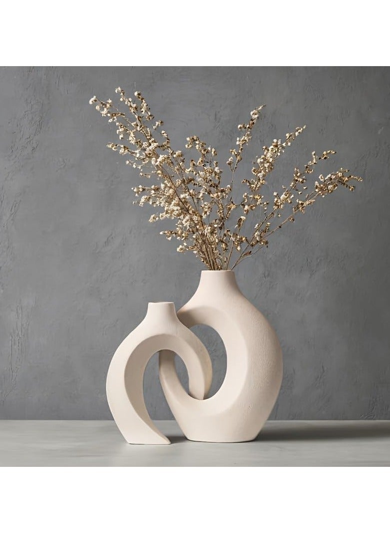 لينجوي مجموعة مزهرية سيراميك على شكل دونات من قطعتين، مزهرية دائرية بسيطة، مزهرية بوهو محايدة فريدة من نوعها - Image 3