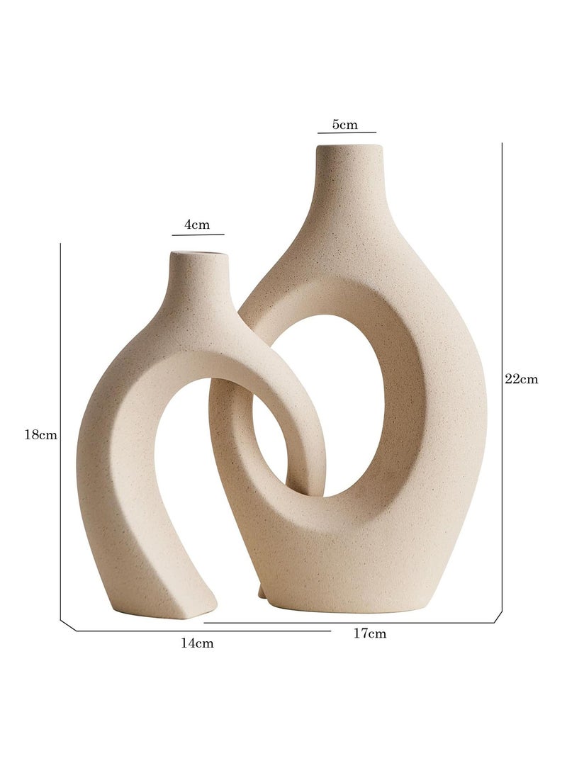 لينجوي مجموعة مزهرية سيراميك على شكل دونات من قطعتين، مزهرية دائرية بسيطة، مزهرية بوهو محايدة فريدة من نوعها - Image 4