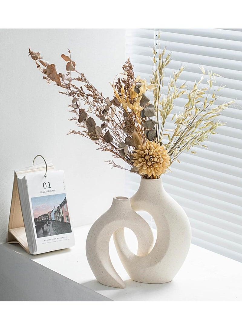 لينجوي مجموعة مزهرية سيراميك على شكل دونات من قطعتين، مزهرية دائرية بسيطة، مزهرية بوهو محايدة فريدة من نوعها - Image 5