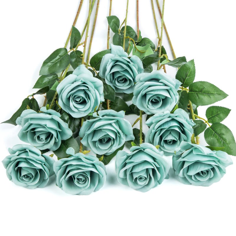 DuHouse 10pcs Fake Roses Artificial Silk Flowers Faux Rose Flower Long Stems Bouquet for Arrangement Wedding Centerpiece Party Home Kitchen DecorationDark Teal