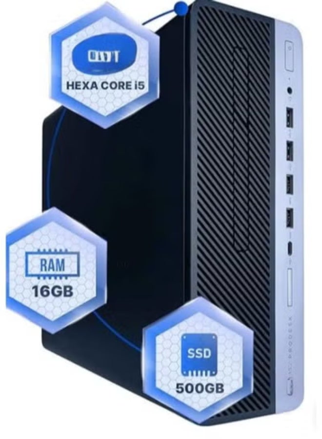 كمبيوتر مكتبي بمعالج Intel Core i5 من الجيل الثامن سداسي النواة وذاكرة DDR4 سعة 16 جيجابايت وقرص SSD بسعة 500 جيجابايت ونظام Windows 11 Pro ورسوميات Intel HD Graphics 630 مع محول WiFi - Image 1