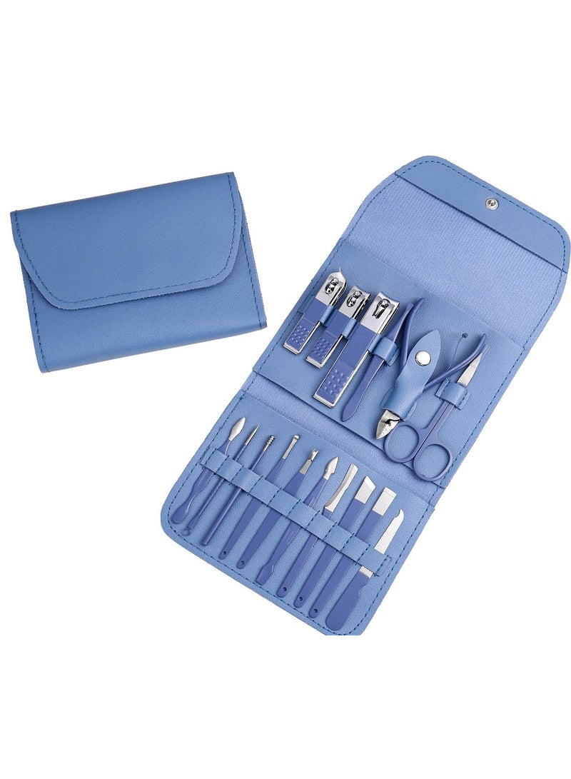 Nail Clippers Manicure Set,Professional Nail Clippers Kit,Professional Nail Clippers Kit,16 pcs Stainless Steel Nail Care Tools Grooming Kit with Luxurious Travel Leather Case, for Men Women (Blue)