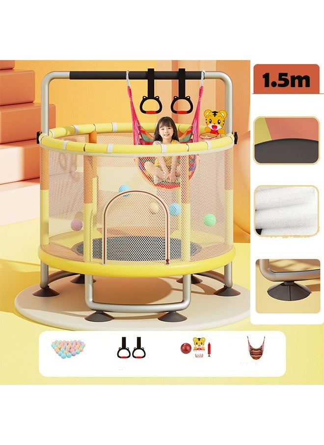 Beauenty 1.5m Childrens Trampoline Horizontal Bar Indoor Home Bouncing Bed With Net Circular Handrail Suspension Ring Ocean Ball Basketball Hoop Sandbag Swing Suction Cup  - Image 1