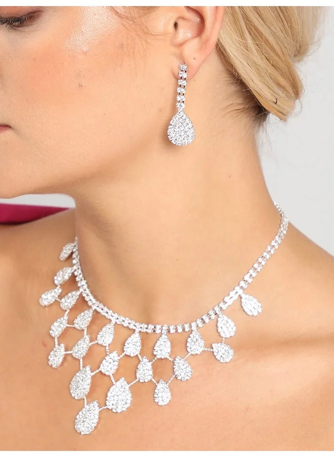 سوهي طقم قلادة وأقراط من الألماس الأمريكي المطلي بالفضة