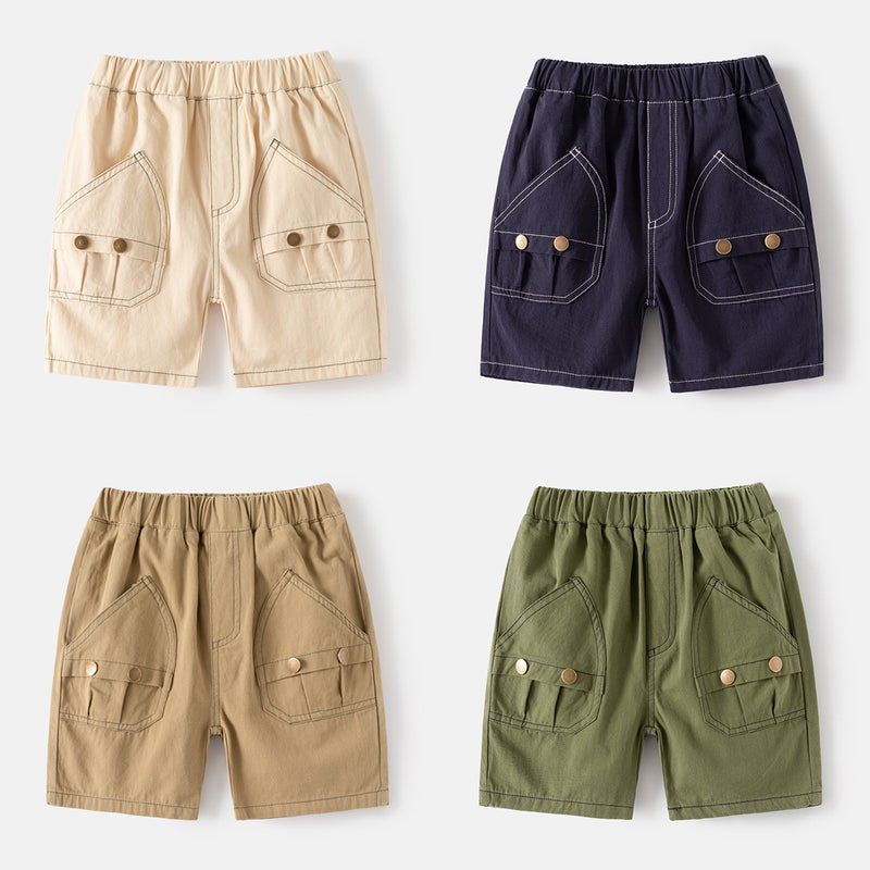 Children'S Summer Five-Quarter Pants Boys' Retro Button Casual Shorts Baby Loose Mid-Pants Trendy - Image 2
