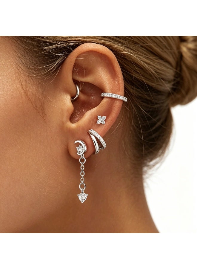 15Pcs Stainless Steel Cartilage Earring Studs Set, Dangle Helix Tragus Piercing Jewelry, Snake Star Moon Heart Butterfly Hoop Earrings for Women Multipack Piercing Stud Ear Jewelry - Image 3
