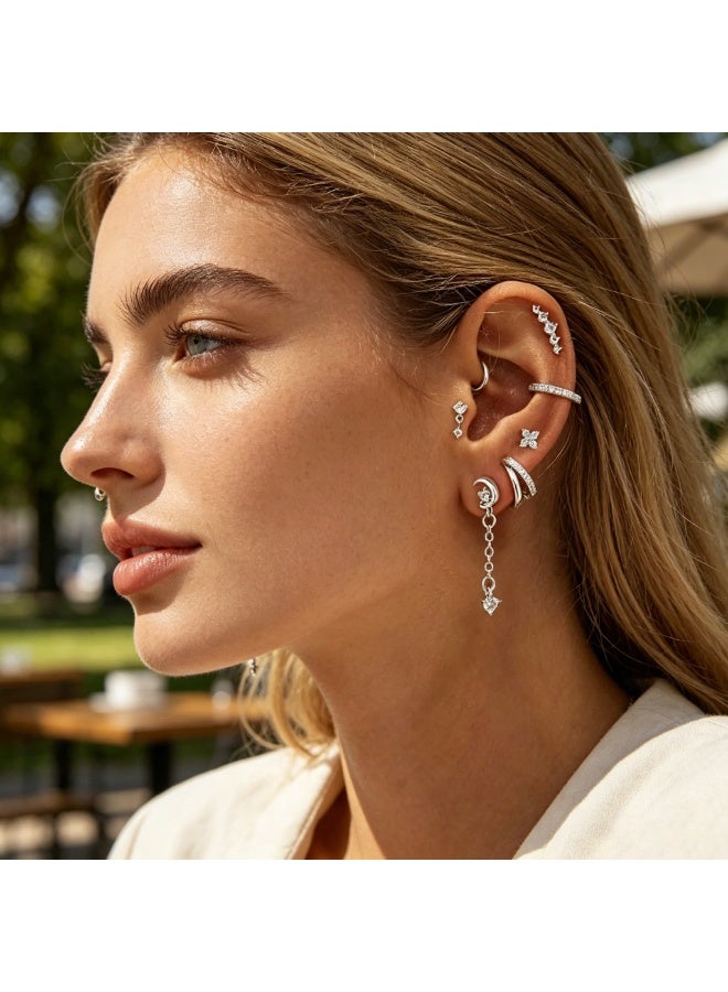 15Pcs Stainless Steel Cartilage Earring Studs Set, Dangle Helix Tragus Piercing Jewelry, Snake Star Moon Heart Butterfly Hoop Earrings for Women Multipack Piercing Stud Ear Jewelry - Image 2
