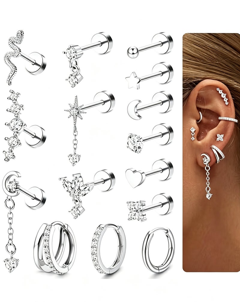 15Pcs Stainless Steel Cartilage Earring Studs Set, Dangle Helix Tragus Piercing Jewelry, Snake Star Moon Heart Butterfly Hoop Earrings for Women Multipack Piercing Stud Ear Jewelry - Image 1