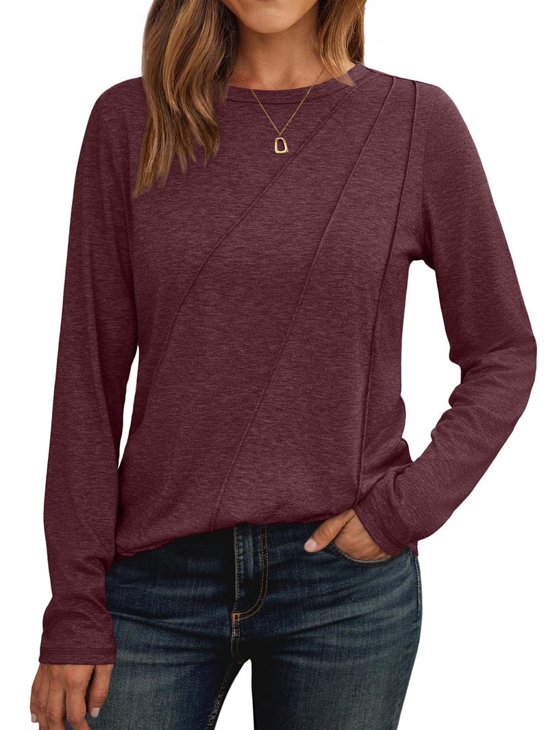 AUTOMET Womens Pleated Long Sleeve Tunic Tops - Loose Fit Crewneck Casual Shirts, Soft Lightweight Everyday Basic Clothes WineRed M - Image 1