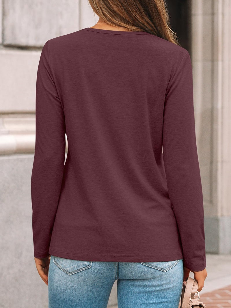 AUTOMET Womens Pleated Long Sleeve Tunic Tops - Loose Fit Crewneck Casual Shirts, Soft Lightweight Everyday Basic Clothes WineRed M - Image 4