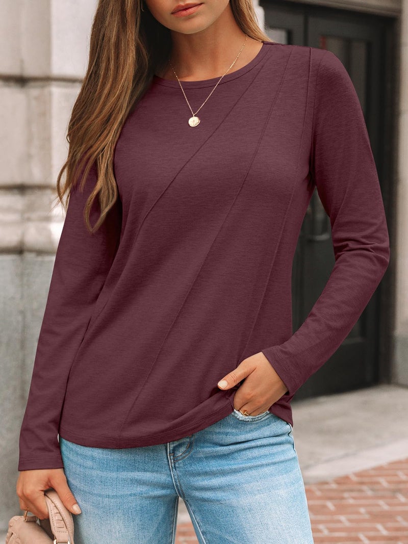 AUTOMET Womens Pleated Long Sleeve Tunic Tops - Loose Fit Crewneck Casual Shirts, Soft Lightweight Everyday Basic Clothes WineRed M - Image 2