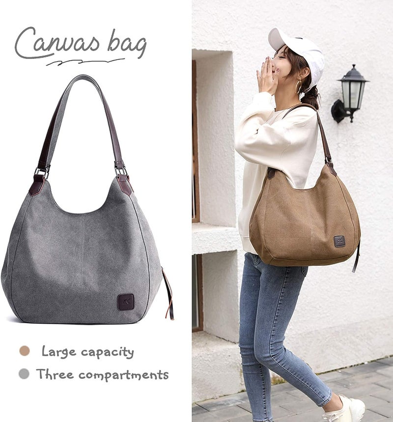 DOURR Store Women's Multi-pocket Shoulder Bag Fashion Cotton Canvas Handbag Tote Purse - Image 2