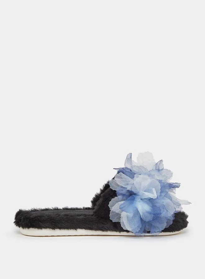 Styli Applique Detail Faux Fur Bedroom Slippers
