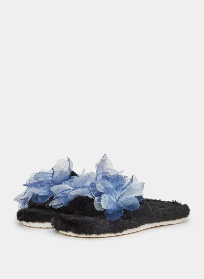 Styli Applique Detail Faux Fur Bedroom Slippers