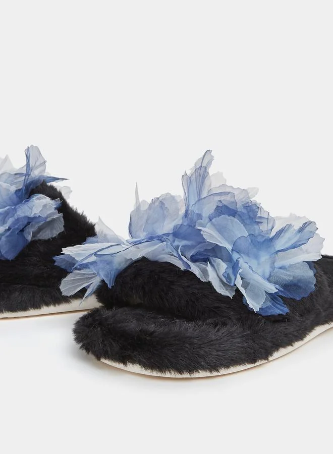 Styli Applique Detail Faux Fur Bedroom Slippers