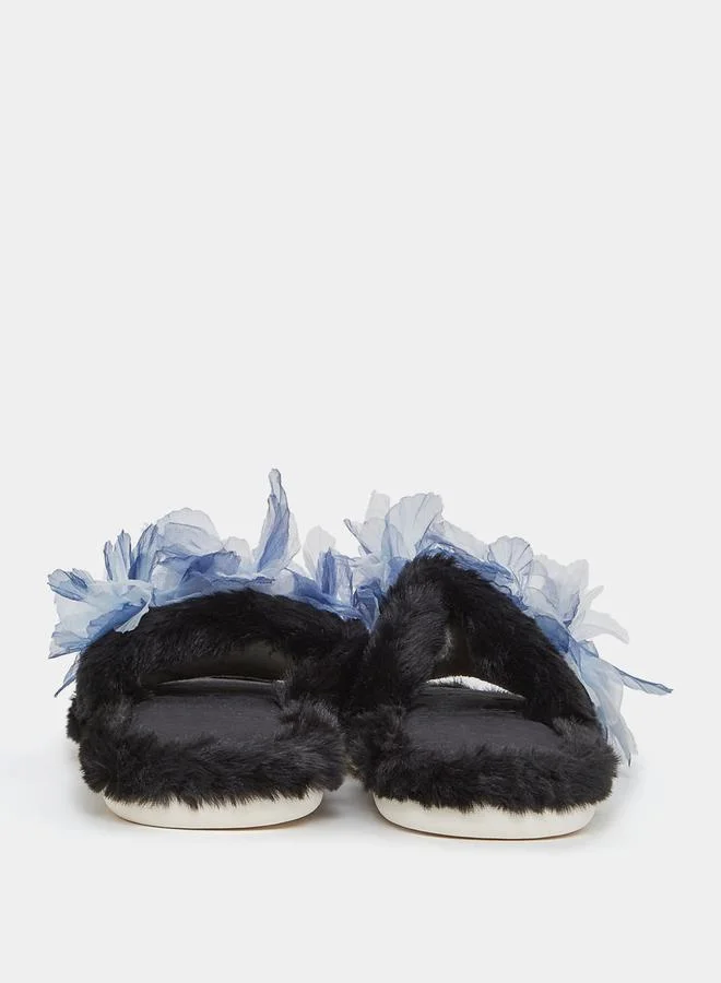 Styli Applique Detail Faux Fur Bedroom Slippers