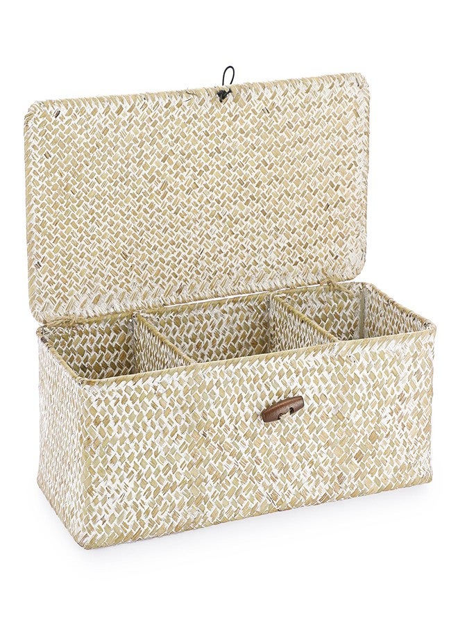 Hipiwe Seagrass Storage Basket Bin 3 Sections Hand-Woven Wicker Baskets with Lid Bathroom Basket Toilet Tank Baskets Holder for Organize Snack Tissue Toilet Paper, Whitewash - Image 1