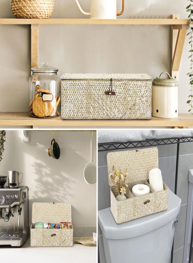 Hipiwe Seagrass Storage Basket Bin 3 Sections Hand-Woven Wicker Baskets with Lid Bathroom Basket Toilet Tank Baskets Holder for Organize Snack Tissue Toilet Paper, Whitewash - Image 4
