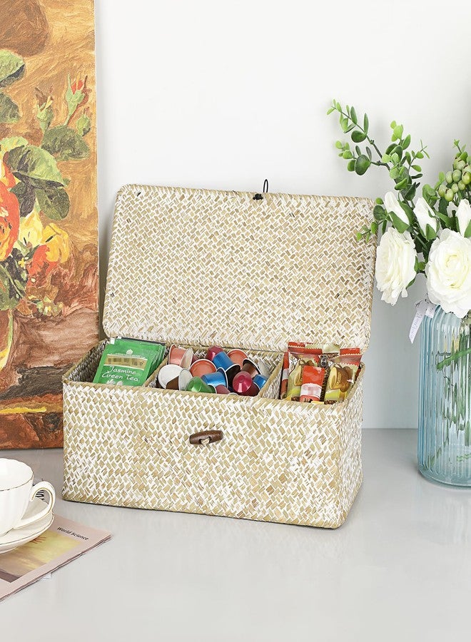 Hipiwe Seagrass Storage Basket Bin 3 Sections Hand-Woven Wicker Baskets with Lid Bathroom Basket Toilet Tank Baskets Holder for Organize Snack Tissue Toilet Paper, Whitewash - Image 2