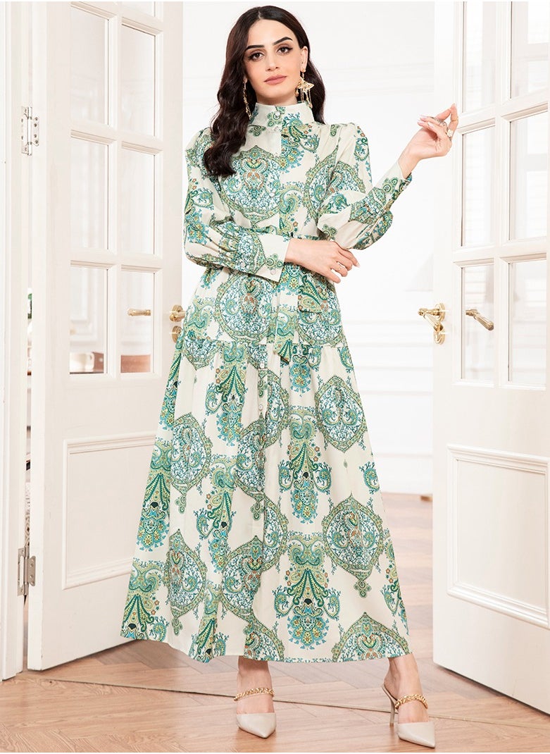 FridayIn - Elegant style High collar Flowers Belt Shirt sleeve Long Dresses Light green - Image 1