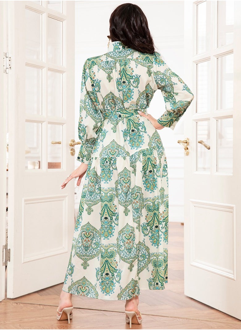 FridayIn - Elegant style High collar Flowers Belt Shirt sleeve Long Dresses Light green - Image 1